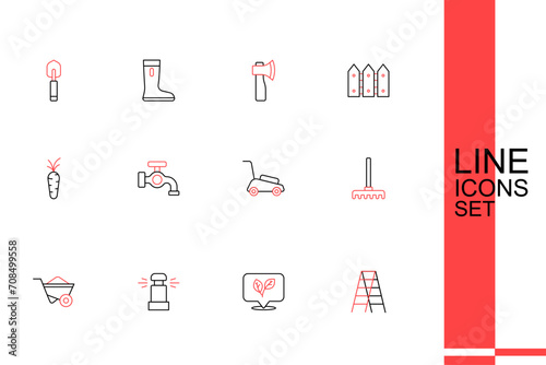 Set line Wooden staircase, Leaf, Automatic irrigation sprinklers, Wheelbarrow, Garden rake, Lawn mower, Water tap and Carrot icon. Vector
