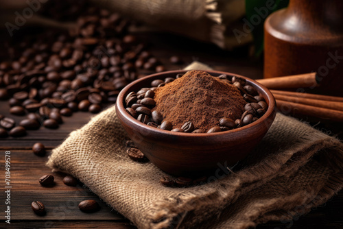 Close up of Coffee ground powder in wooden bowl and burlap sack with coffee beans on a wooden table background, morning drink concept,