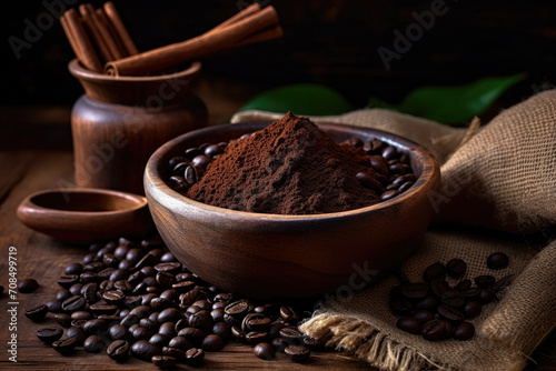 Close up of Coffee ground powder in wooden bowl and burlap sack with coffee beans on a wooden table background, morning drink concept,