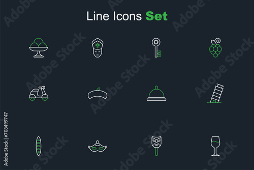 Set line Wine glass, Carnival mask, French baguette bread, Leaning tower Pisa, Covered with tray of food, beret and Scooter icon. Vector