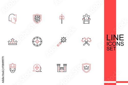 Set line Shield with crown, Castle, Crusade, King, Crossed battle hammers, Mace spikes, Round shield and icon. Vector