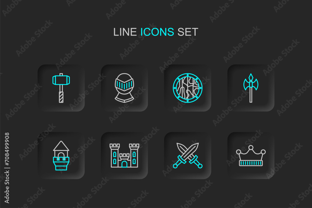 Set line King crown, Crossed medieval sword, Castle, tower, Medieval axe, Round wooden shield, helmet and Battle hammer icon. Vector Set line King crown, Crossed medieval sword, Castle, tower, Medieval axe, Round wooden shield, helmet and Battle hammer icon. Vector
