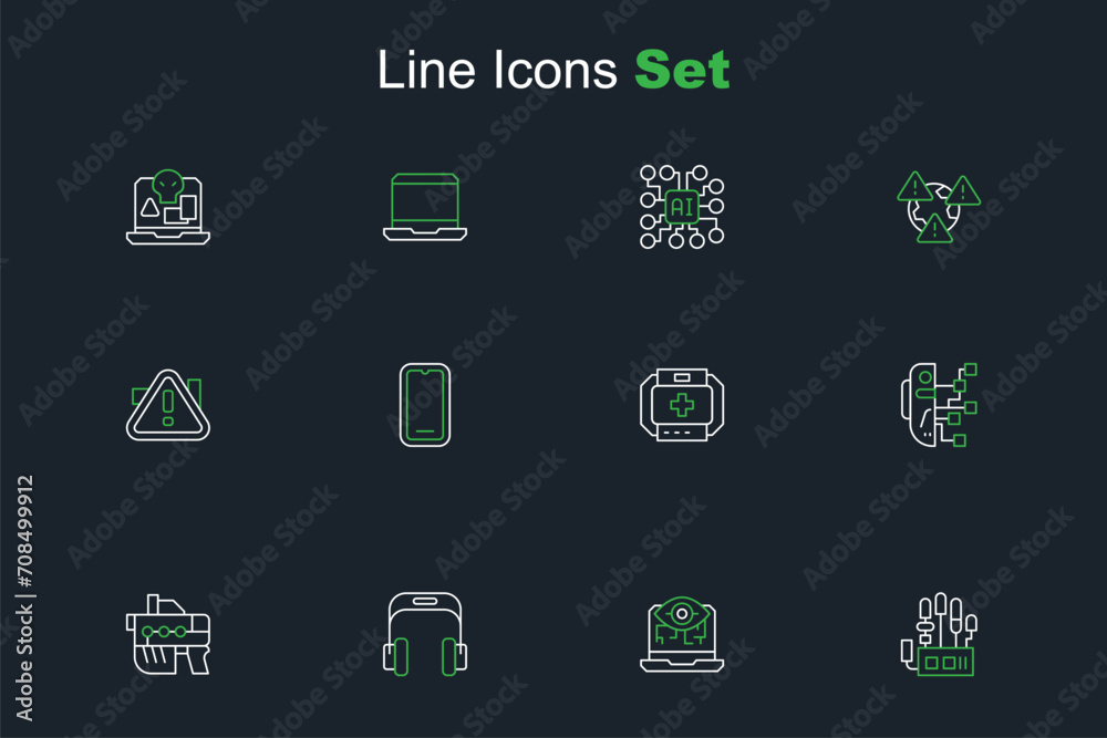 Set line Mechanical robot hand, Computer vision, Headphones, Futuristic weapon, Humanoid, First aid kit, Mobile and Exclamation mark in triangle icon. Vector Set line Mechanical robot hand, Computer vision, Headphones, Futuristic weapon, Humanoid, First aid kit, Mobile and Exclamation mark in triangle icon. Vector