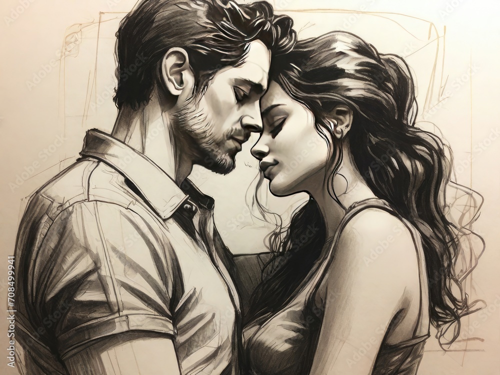 Fototapeta premium Drawing of a couple in love. Romantic relationship concept