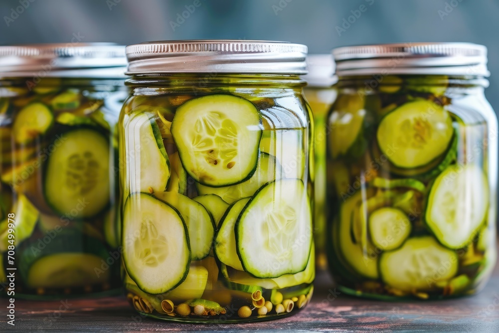 Glass jars with pickled cucumbers. Marinated pickled cucumbers. Glass jars with pickled cucumbers. Marinated pickled cucumbers.