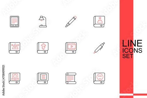 Set line Book, Decree, parchment, scroll, User manual, Pen, about cinema, Holy bible book and Ancient magic icon. Vector