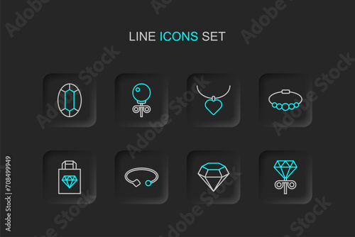 Set line Stud earrings, Diamond, Bracelet jewelry, Shopping bag, Necklace with heart shaped, and Gem stone icon. Vector