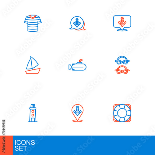 Set line Lifebuoy, Location with anchor, Lighthouse, Nautical rope knots, Yacht sailboat, Submarine, Anchor and icon. Vector