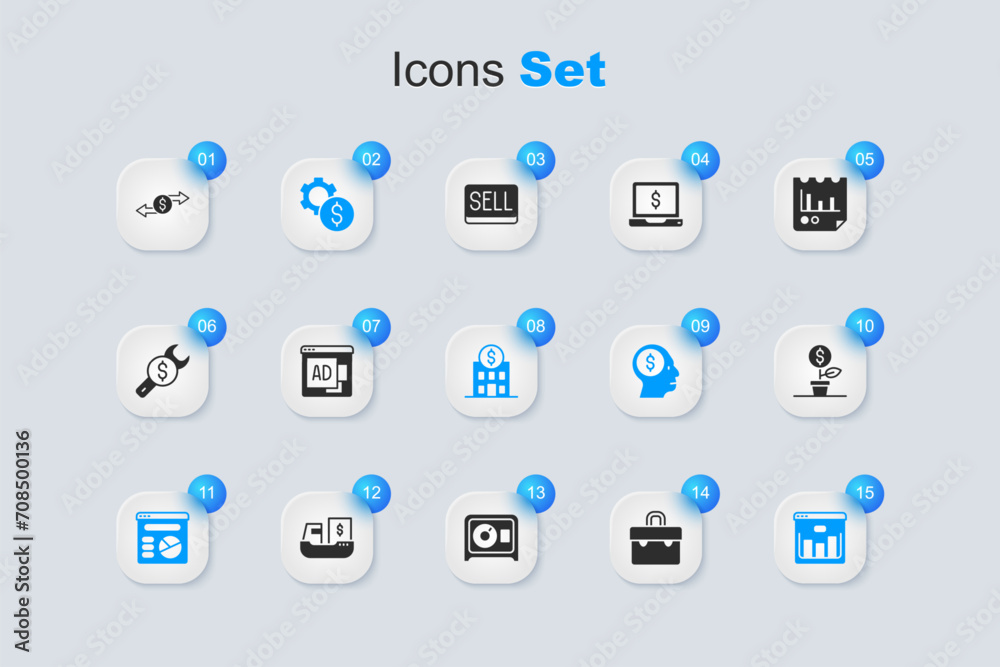 Set Briefcase, Advertising, Gear with dollar symbol, Pie chart infographic, Browser stocks market, Dollar plant, Money exchange and Bank building icon. Vector