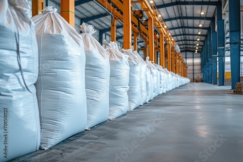 Rows of big white sacks at large warehouse in modern factory. photo