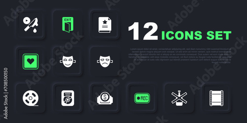 Set No alcohol, Play video, Comedy theatrical mask, Record button, Like heart, CD disk award in frame, Fire exit and Cinema ticket icon. Vector
