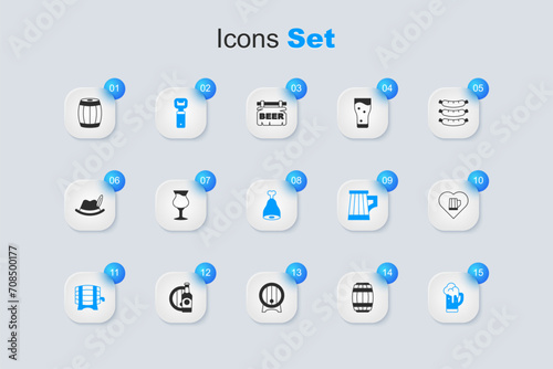 Set Wooden barrel, Glass of beer, Bottle opener, on rack, Heart with glass, and Chicken leg icon. Vector