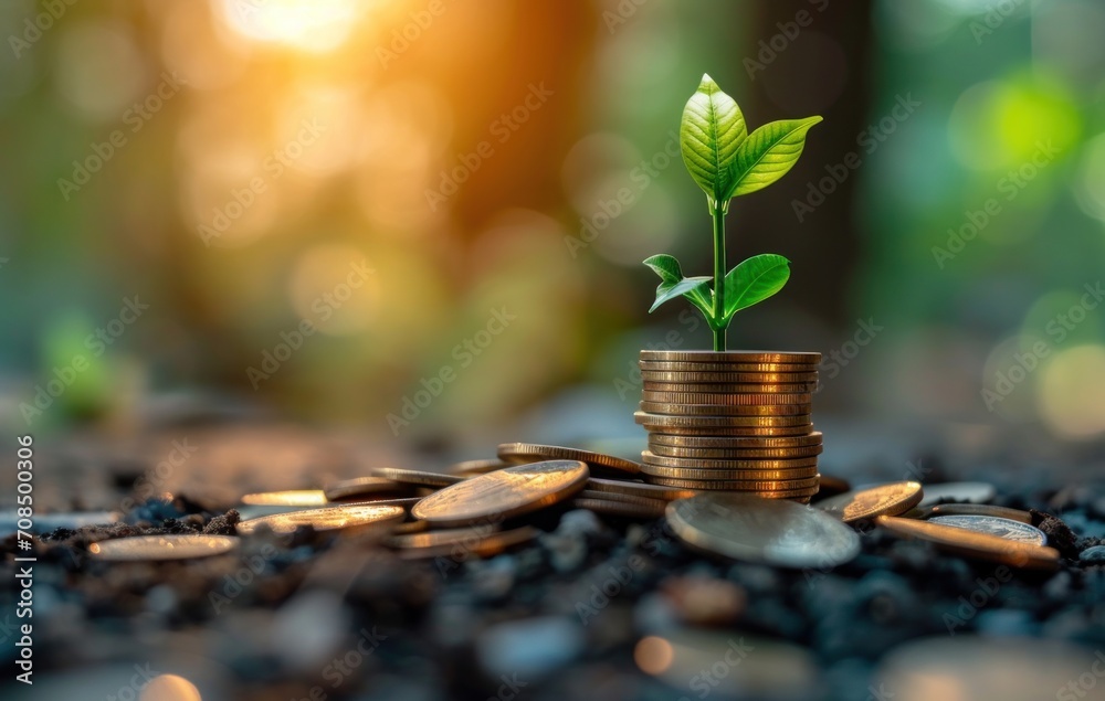 Plant growing on coins symbolizing financial growth and prosperity, responsibility image Plant growing on coins symbolizing financial growth and prosperity, responsibility image