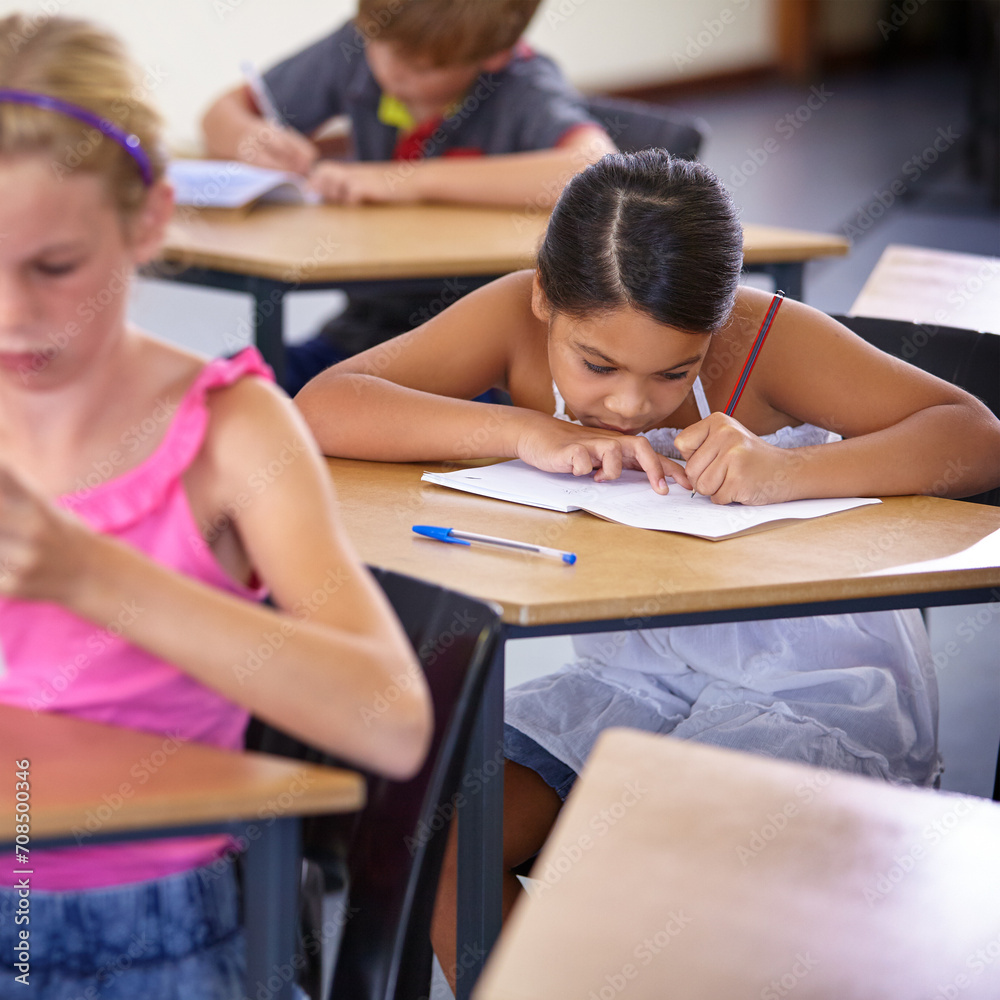 Children, classroom and girl writing test, learning and knowledge with exams, school and thinking. Ideas, kids and child development with a book, students and education with information and decision Children, classroom and girl writing test, learning and knowledge with exams, school and thinking. Ideas, kids and child development with a book, students and education with information and decision