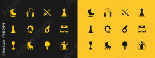 Set Chess, Roller skate, Whistle, Golf ball on tee, Punch in boxing gloves, Fencing, Skates and Jump rope icon. Vector
