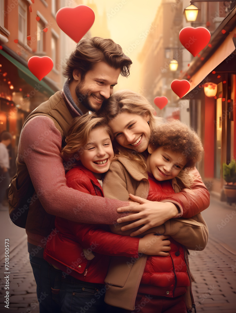 A romantic family scene with heart-shaped balloons and rose petal, valentine day