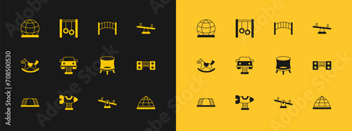 Set Seesaw, Swing plane, Jumping trampoline, car, Playground kids bridge, climbing equipment and Gymnastic rings icon. Vector