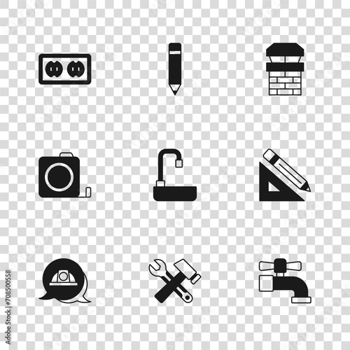 Set Hammer and wrench spanner, Triangular ruler pencil, Water tap, Washbasin, Chimney, Electrical outlet, Pencil with eraser and Roulette construction icon. Vector