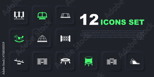 Set Swedish wall, Slide playground, Playground climbing equipment, Jumping trampoline, Horse saddle swing, Attraction carousel and icon. Vector