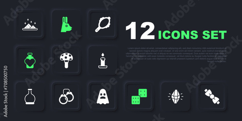 Set Magic stone, Bow tie, Psilocybin mushroom, Game dice, Bottle with love potion, Handcuffs, Rabbit ears and Ghost icon. Vector