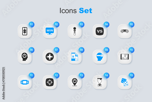 Set Award cup, Game controller or joystick, Medal, Portable video game console, dice, Mobile gaming and Case of computer icon. Vector