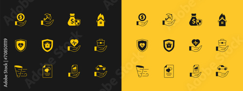 Set Fire in burning house, Marriage contract, Life insurance hand, Contract, House with shield, Money bag, and Umbrella icon. Vector