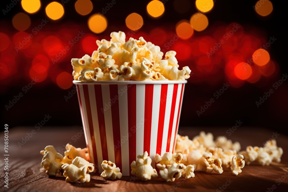 A red and white striped popcorn bucket sits on a table with a red background. A red and white striped popcorn bucket sits on a table with a red background.