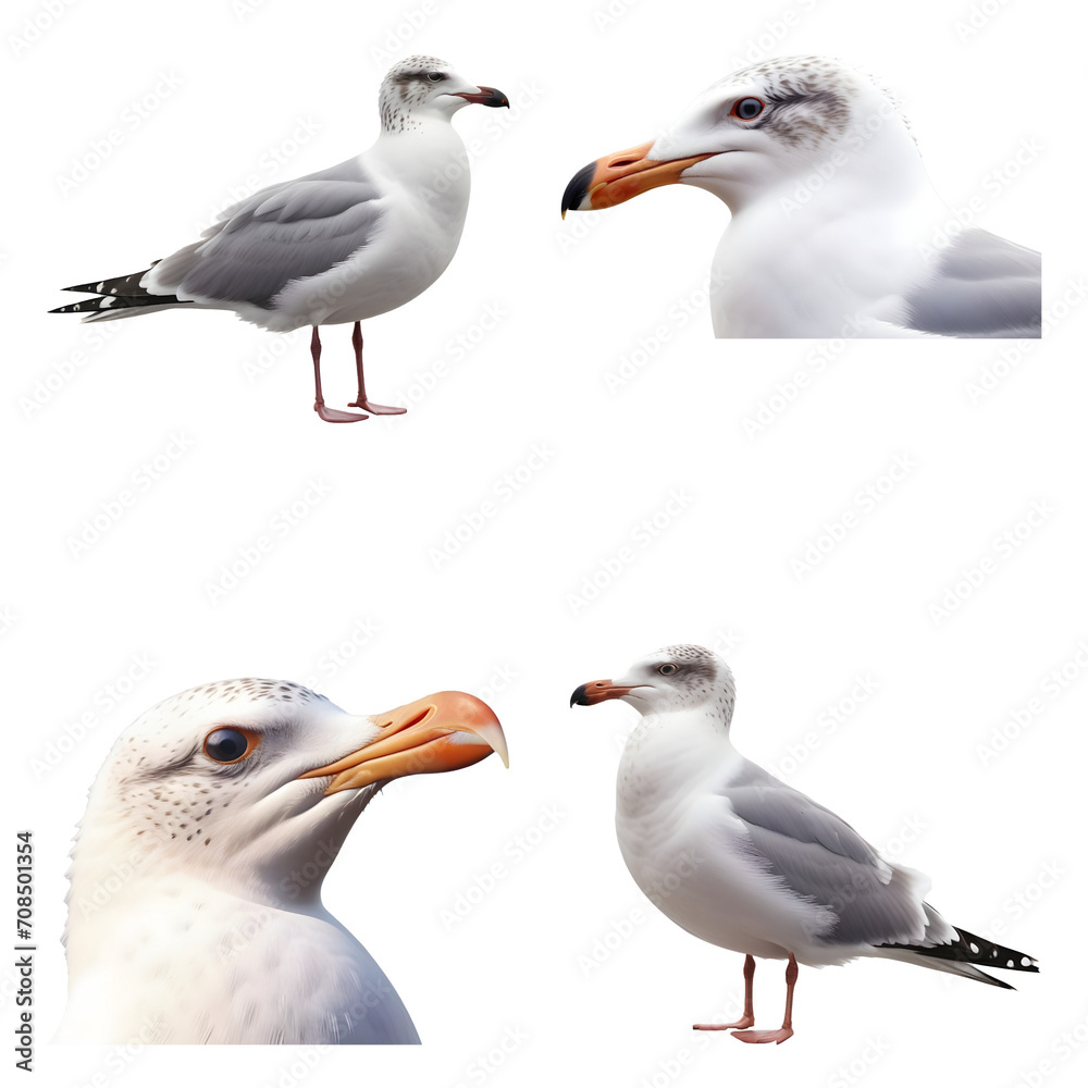 Obraz premium Beautiful gull set isolated on a white background. Generative AI