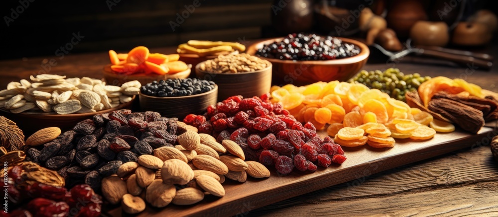Assorted dried fruits on wood table.