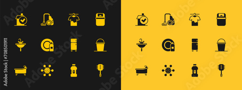 Set Trash can, Bacteria, Refrigerator, Bottle for detergent, Dishwashing bottle and plate, Drying clothes, Home cleaning service and Vacuum cleaner icon. Vector
