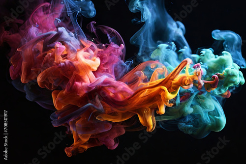 Vibrant smoke on black. A mesmerizing burst of colorful plumes, creating dynamic and artistic visuals. Perfect for abstract and creative projects. 