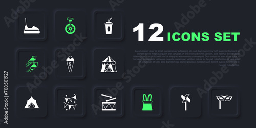 Set Pinwheel toy, Festive mask, Ice cream waffle, Magician hat and rabbit ears, Firework rocket, Carnival garland with flags, Unicycle and Drum drum sticks icon. Vector