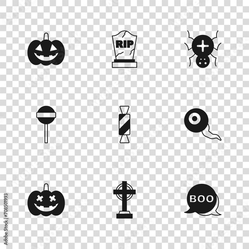 Set Tombstone with cross, Eye, Boo speech bubble, Candy, Spider, Pumpkin, RIP written and Lollipop icon. Vector