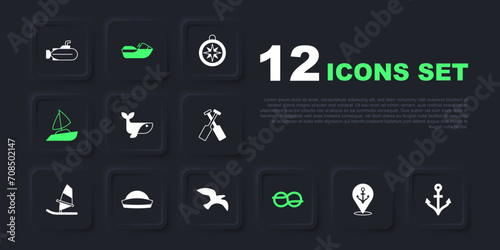 Set Location with anchor, Anchor, Whale, Nautical rope knots, Yacht sailboat, Sailor hat, Jet ski and Bird seagull icon. Vector