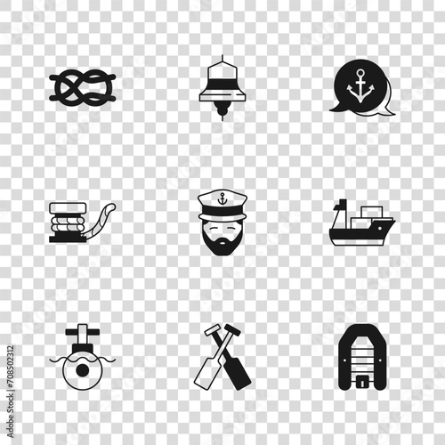 Set Crossed oars or paddles boat, Cargo ship, Inflatable with motor, Captain of, Anchor, Nautical rope knots, Ship bell and Marine bollard icon. Vector