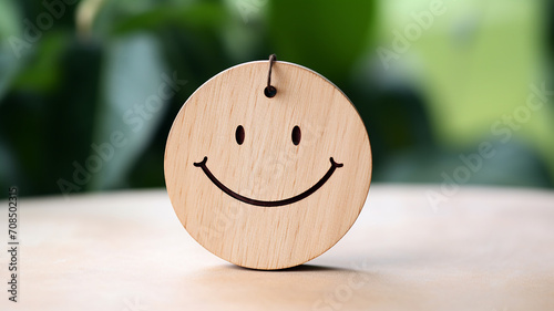 wooden label with happy smile relax face photo