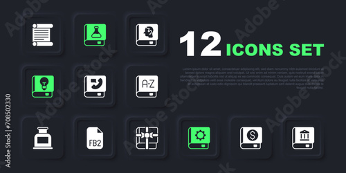 Set Financial book, Law, Phone, User manual, FB2 File, Chemistry and Book as gift icon. Vector