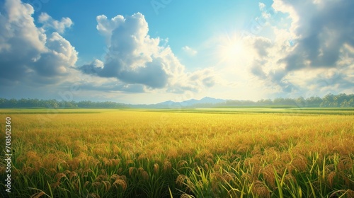 A waving rice farm  sunny sky