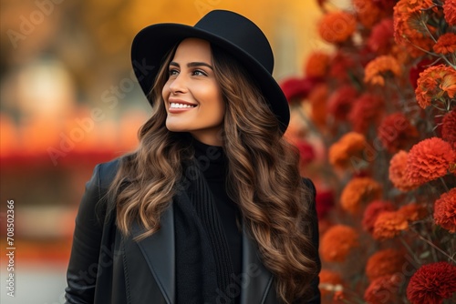 Captivating Portrait of a Beautiful Woman in a Chic Hat With a Background of Vibrant Sunlit Flowers