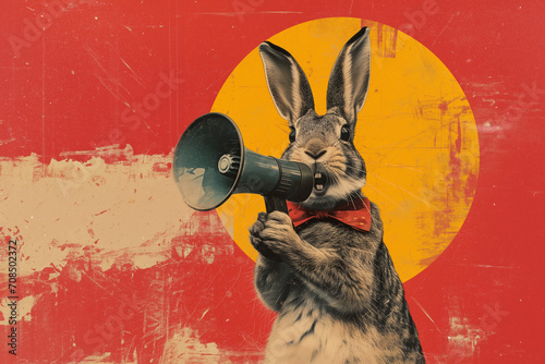 Art collage. A crazy easter bunny with a megaphone. Promotion, action, holiday, ad, job questions. Vacancy. Business discount concept, communication, information, news, team media relations.