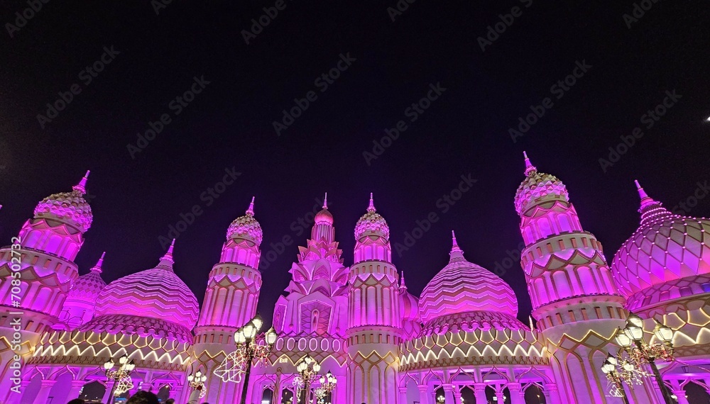 Dubai UAE Global village night view with lights  landscape image isolated Nice background display Beautiful colourful natural beauty scenery Great Views HD Photo  - obrazy, fototapety, plakaty 
