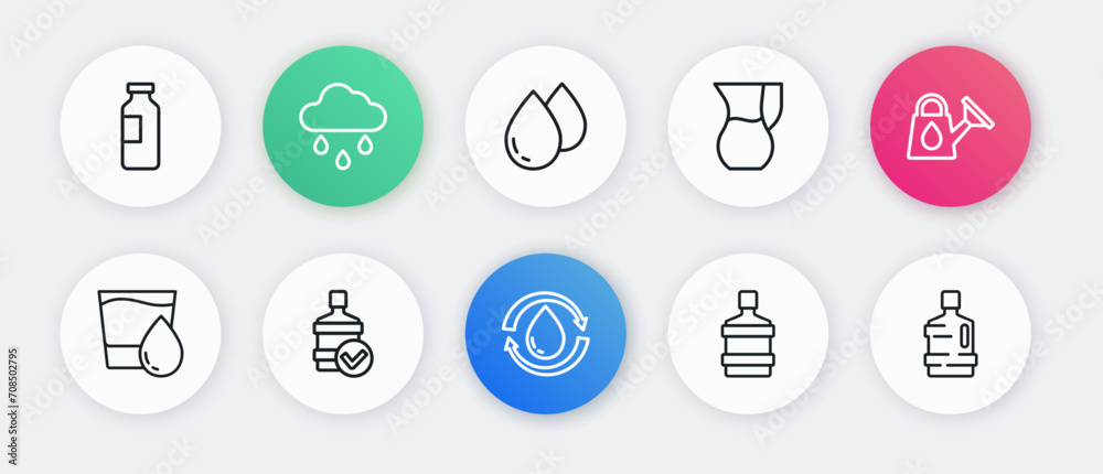Set line Recycle clean aqua, Watering can, Glass with water, Big bottle, Jug glass, drop, and icon. Vector