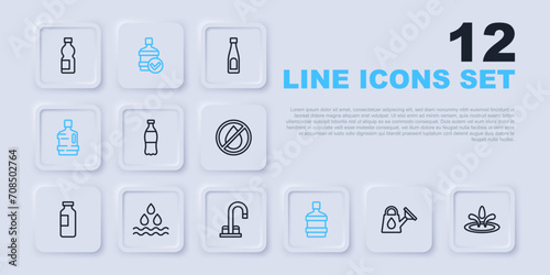 Set line Watering can, drop, Bottle of water, Big bottle with clean, and tap icon. Vector