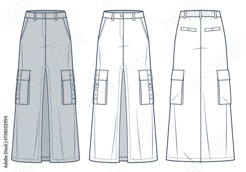 Cargo Long Skirt technical fashion illustration. Front Slit Skirt fashion flat technical drawing template, maxi, pockets, A-line, elastic waist, front, back view, white, grey, women CAD mockup set.