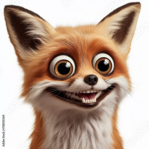 Fox with big bulging eyes with strange facial expressions Isolated on solid white background. ai generative