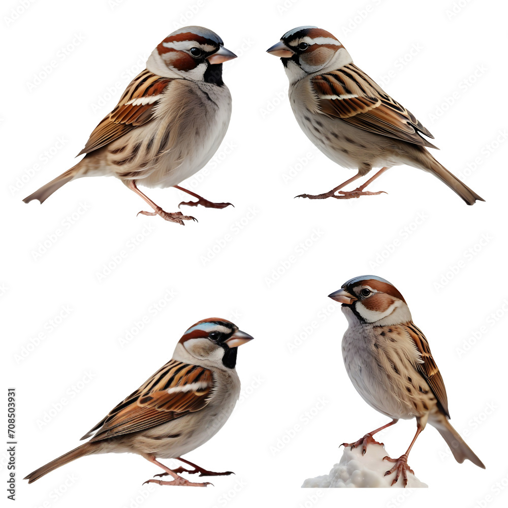Fototapeta premium Beautiful Sparrow set isolated on a white background. Generative AI