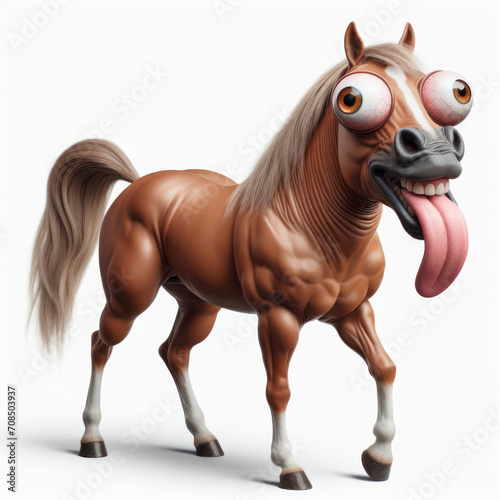 full body horse with tongue hanging out and big bulging eyes with strange facial expressions. ai generative
