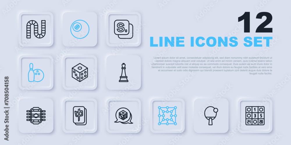 Set line Racket, Bingo card, Game dice, Board game, Bowling pin and ball, Mahjong pieces, Billiard pool snooker and icon. Vector Set line Racket, Bingo card, Game dice, Board game, Bowling pin and ball, Mahjong pieces, Billiard pool snooker and icon. Vector