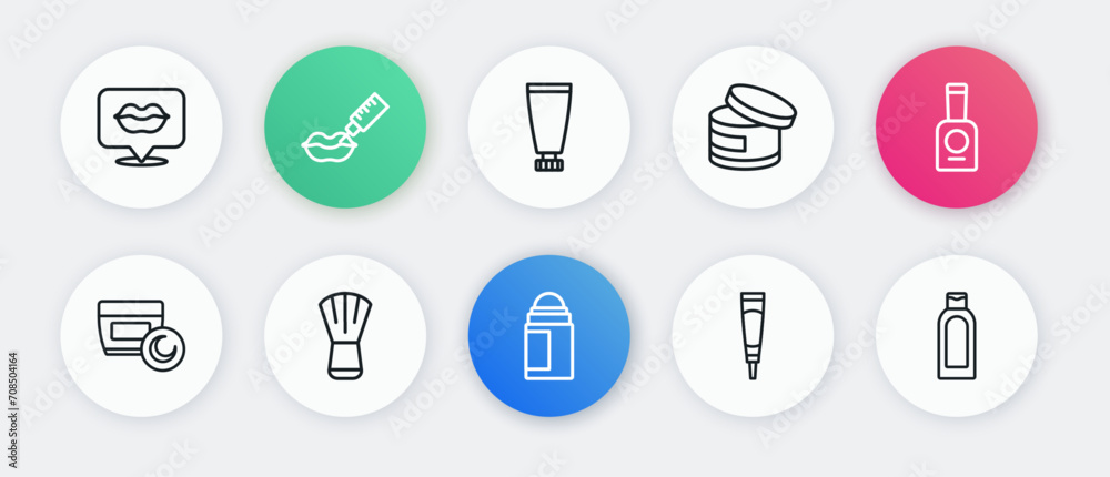Set line Deodorant roll, Bottle of nail polish, Cream lotion cosmetic tube, shampoo and Makeup brush icon. Vector Set line Deodorant roll, Bottle of nail polish, Cream lotion cosmetic tube, shampoo and Makeup brush icon. Vector