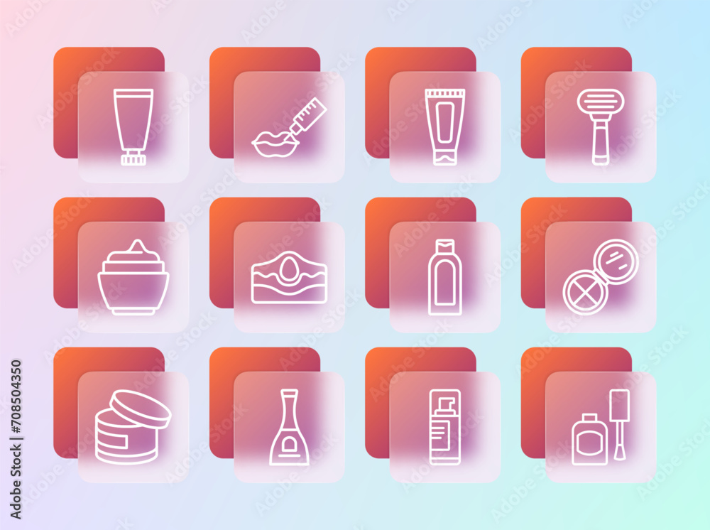 Set line Shaving razor, Bottle of nail polish, shampoo, gel foam, Acne, Cream lotion cosmetic tube, and Lip augmentation icon. Vector Set line Shaving razor, Bottle of nail polish, shampoo, gel foam, Acne, Cream lotion cosmetic tube, and Lip augmentation icon. Vector